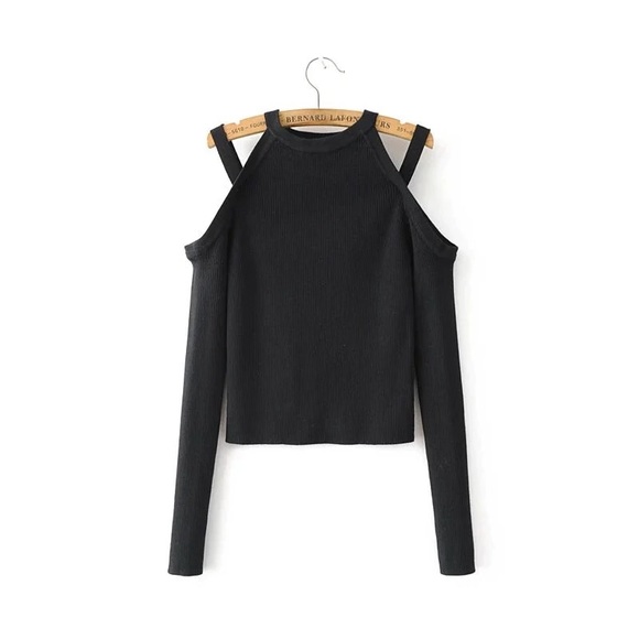 New Knit Black Boho Modern Cold Shoulder Sweater - Picture 2 of 7